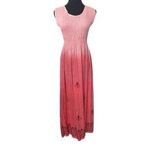 Pink Smocked Sun Dress Soutache Applique Maxi Beach Cover Up Resort Dip Dye
